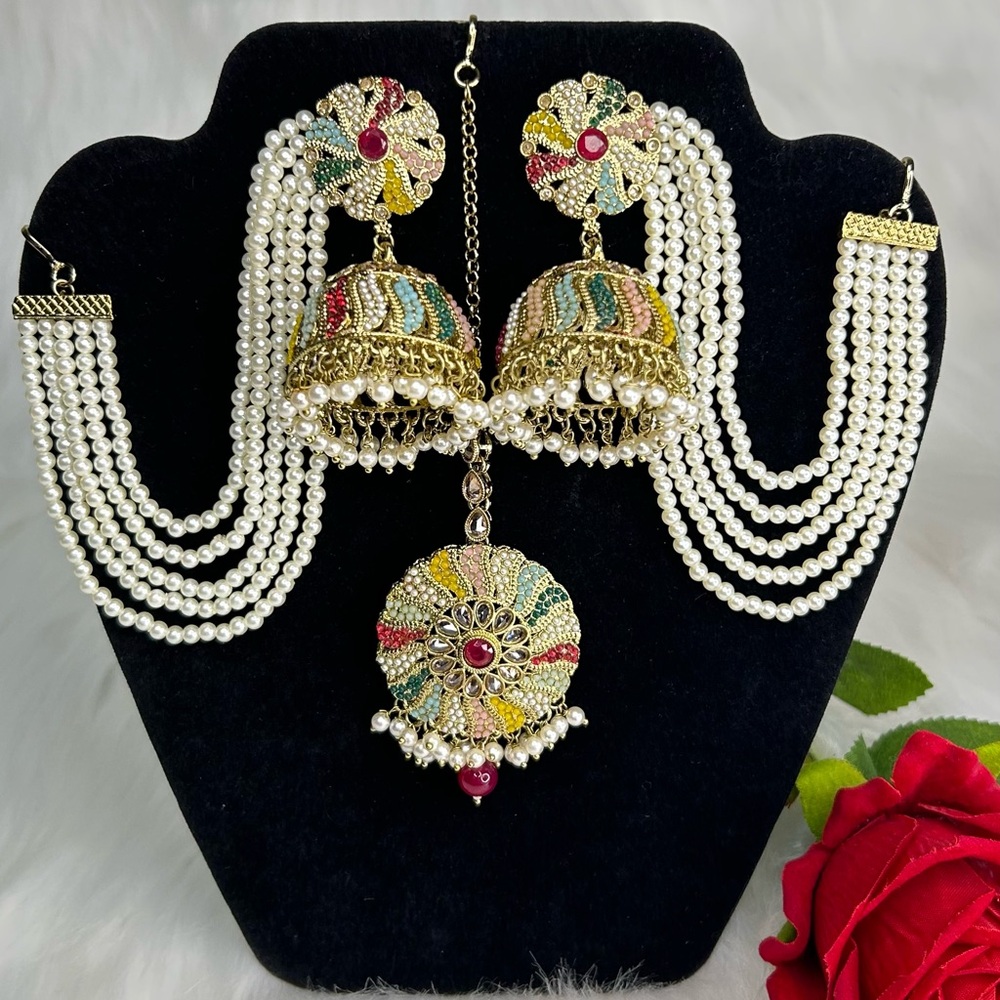 Gorgeous Gold and Multicolor Jhumka Earrings With Side Layers & Head Piece